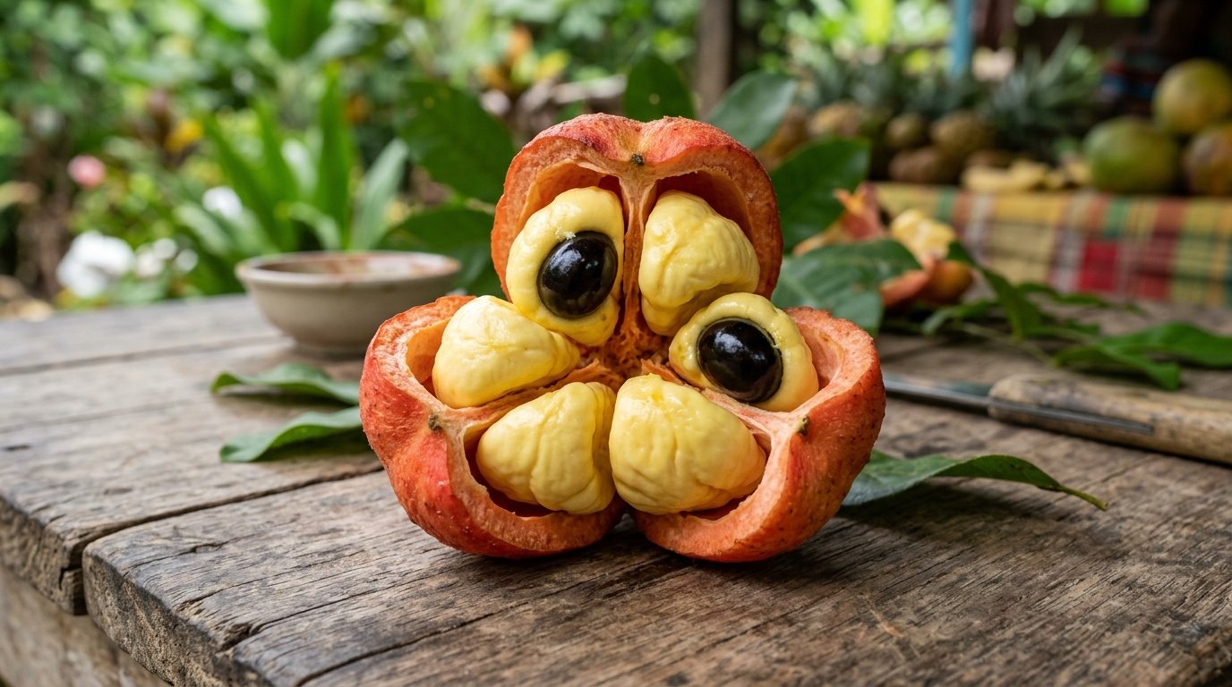 Open ackee fruit showing its yellow arils